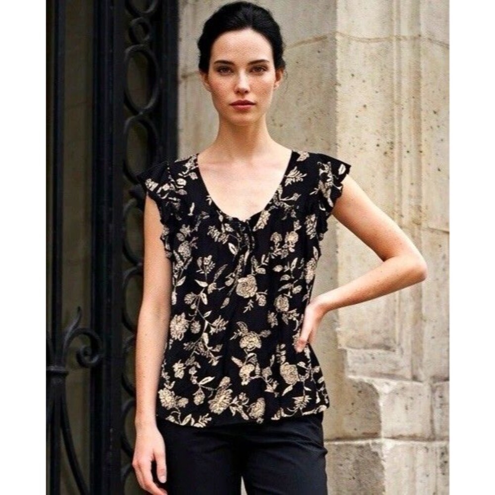 Old Navy Black White Floral Crinkle V-Neck Flutter Sleeve Ruffle Blouse L